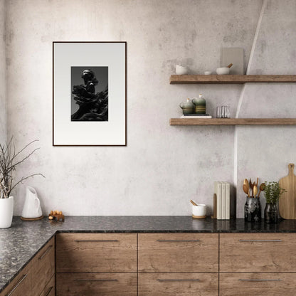 Modern kitchen with wooden cabinetry, dark countertops, and floating shelves.