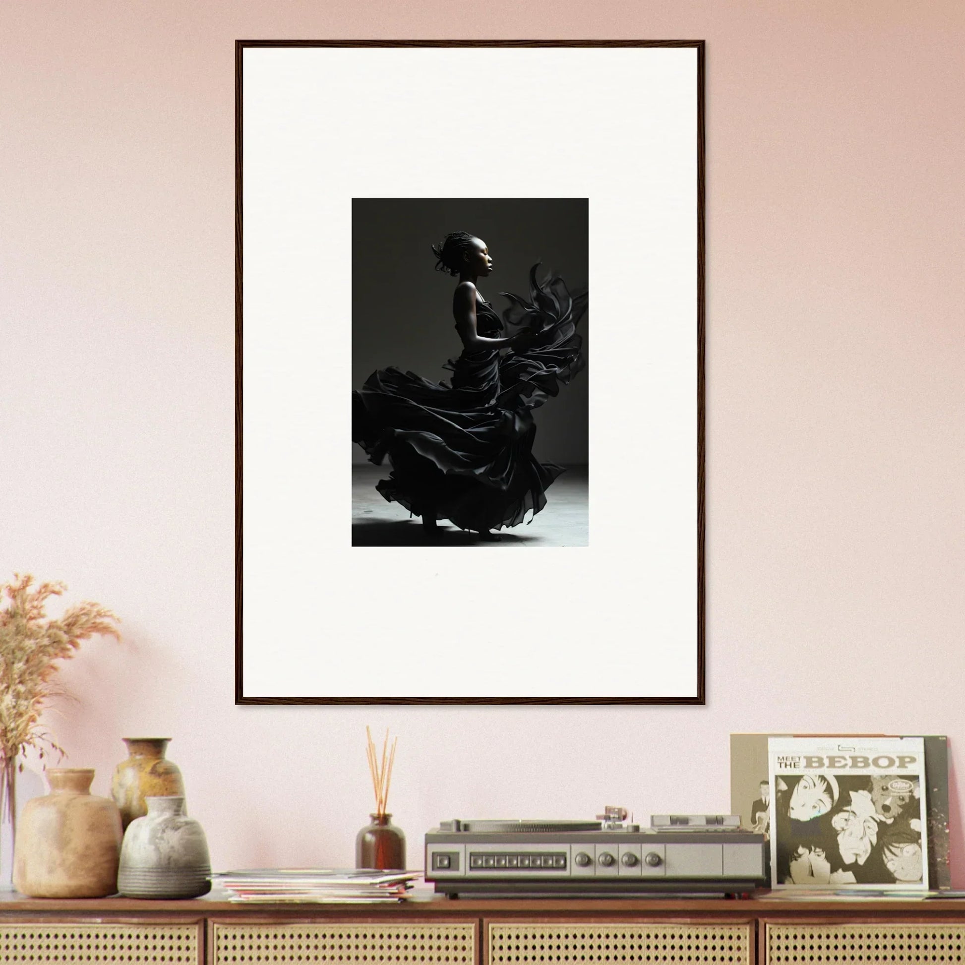 Framed black and white photograph of a flamenco dancer in motion.