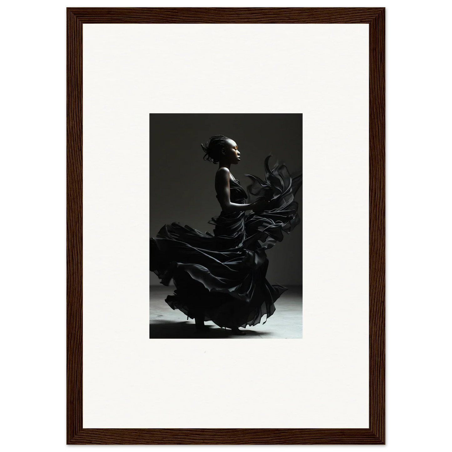 Silhouette of a flamenco dancer in dramatic motion, with swirling skirt and expressive pose.