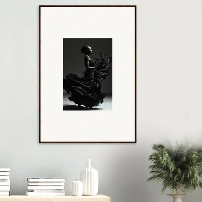 Framed black and white photograph of a flamenco dancer in motion.