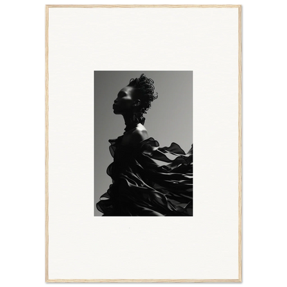 Dramatic black-and-white silhouette of a figure with flowing, billowing fabric.