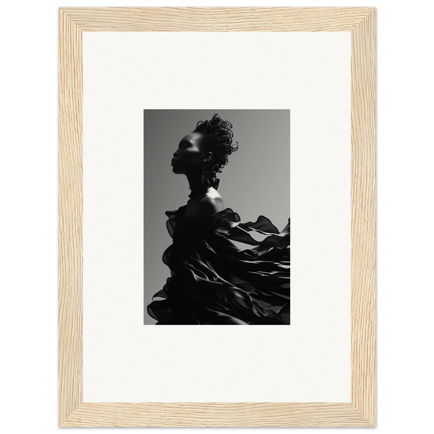 Dramatic black-and-white silhouette of a figure with an elaborate hairstyle and flowing, ruffled garment.