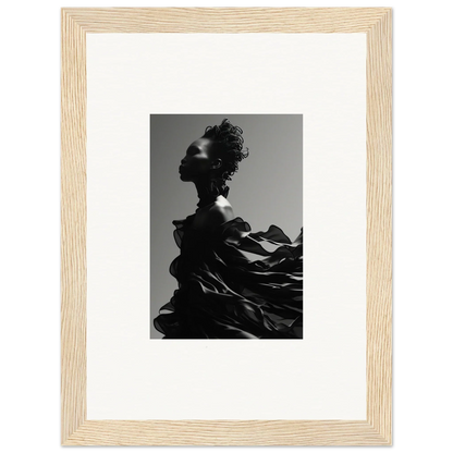 Dramatic black-and-white silhouette of a figure with an elaborate hairstyle and flowing, ruffled garment.