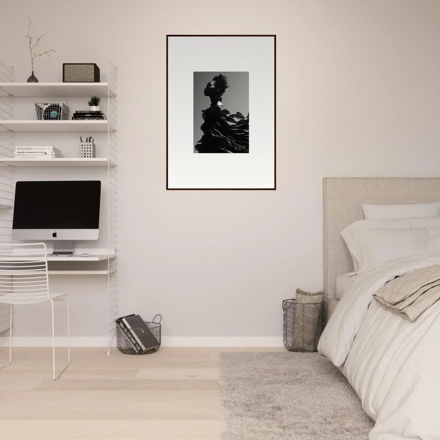 Minimalist bedroom with white walls, floating shelves, and a framed black and white portrait.