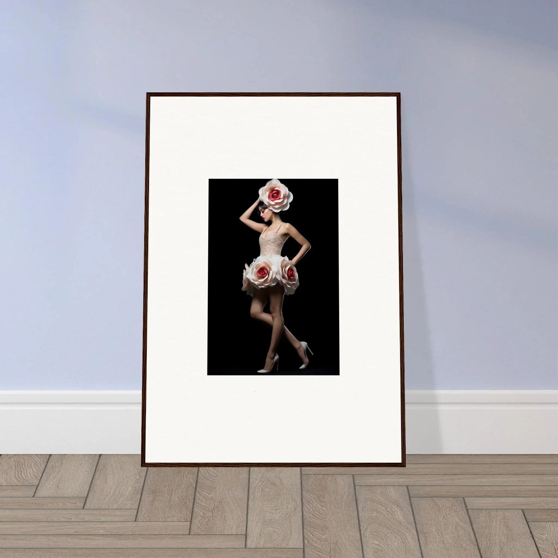 Framed wall art of a figure in chaos womb with dramatic oversized floral elements