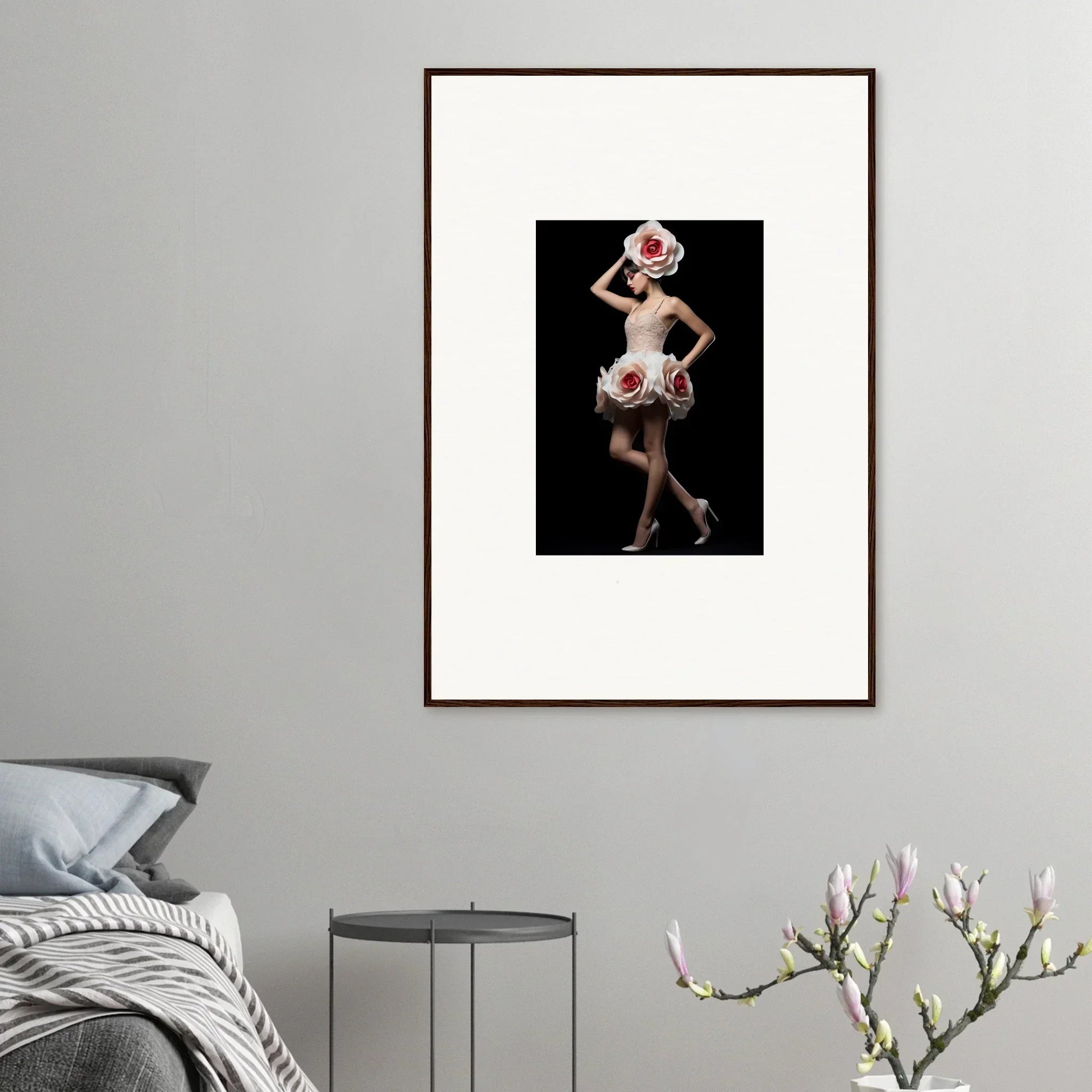 Framed wall art of a stylized figure with pink flowers in Chaos Womb for vibrant room decor