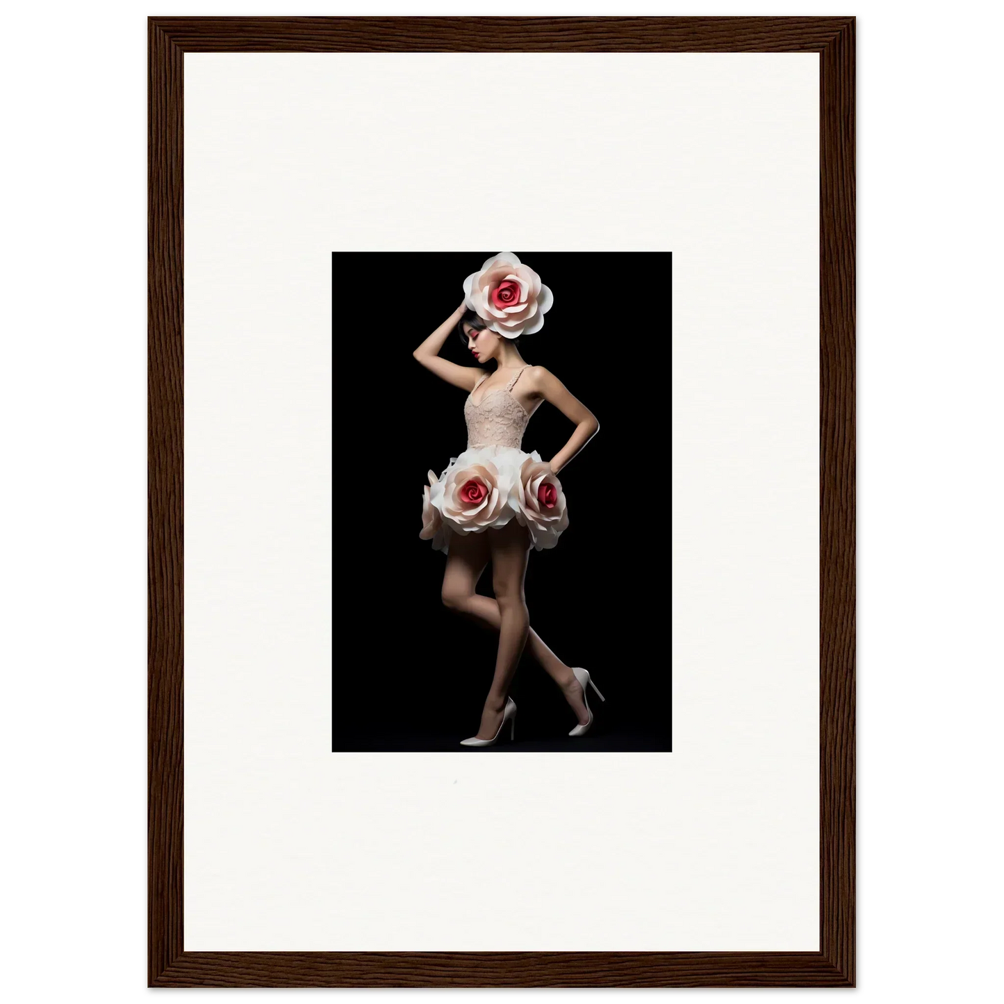 Framed wall art of a dancer in a rose-adorned dress for energetic room decor