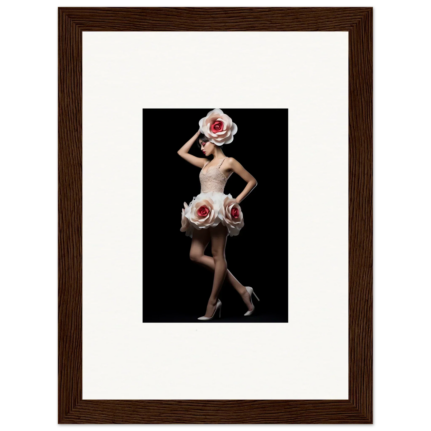 Framed wall art of a woman in a dress with oversized roses for vibrant chaos womb room decor