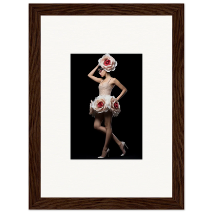 Framed wall art of a woman in a dress with oversized roses for vibrant chaos womb room decor