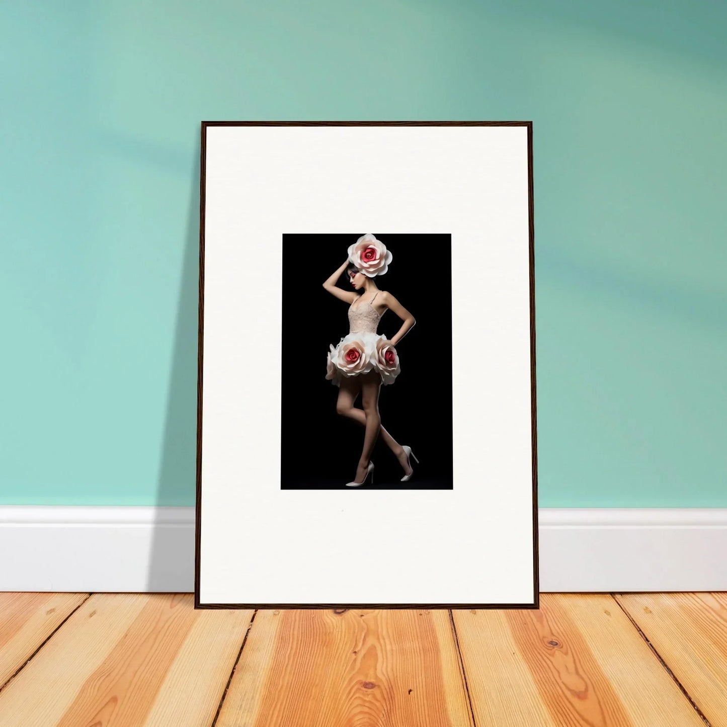 Framed wall art of a dancer in floral costume for vibrant chaos womb room decor