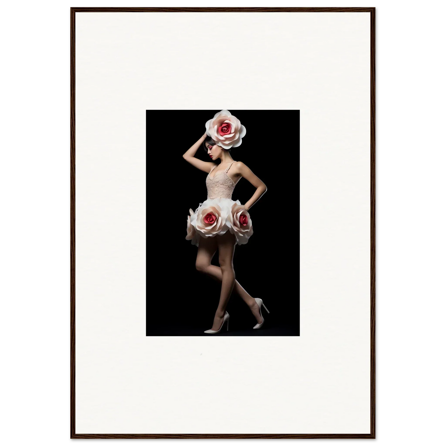 Framed wall art of a dancer in a rose-adorned dress for vibrant room decor