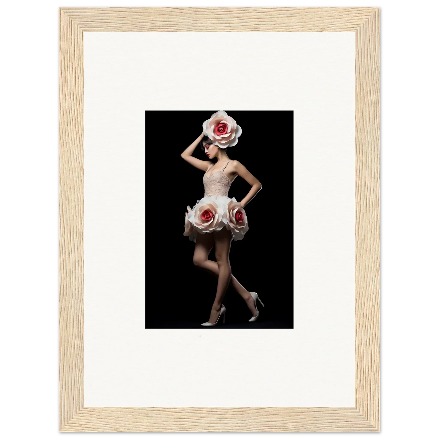 Framed wall art of a person in a dress with oversized roses for vibrant room decor