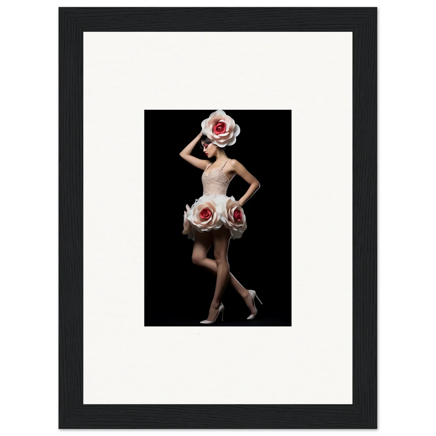 Elegantly posed dancer in oversized rose dress for Ebullient Chaos Womb wall art