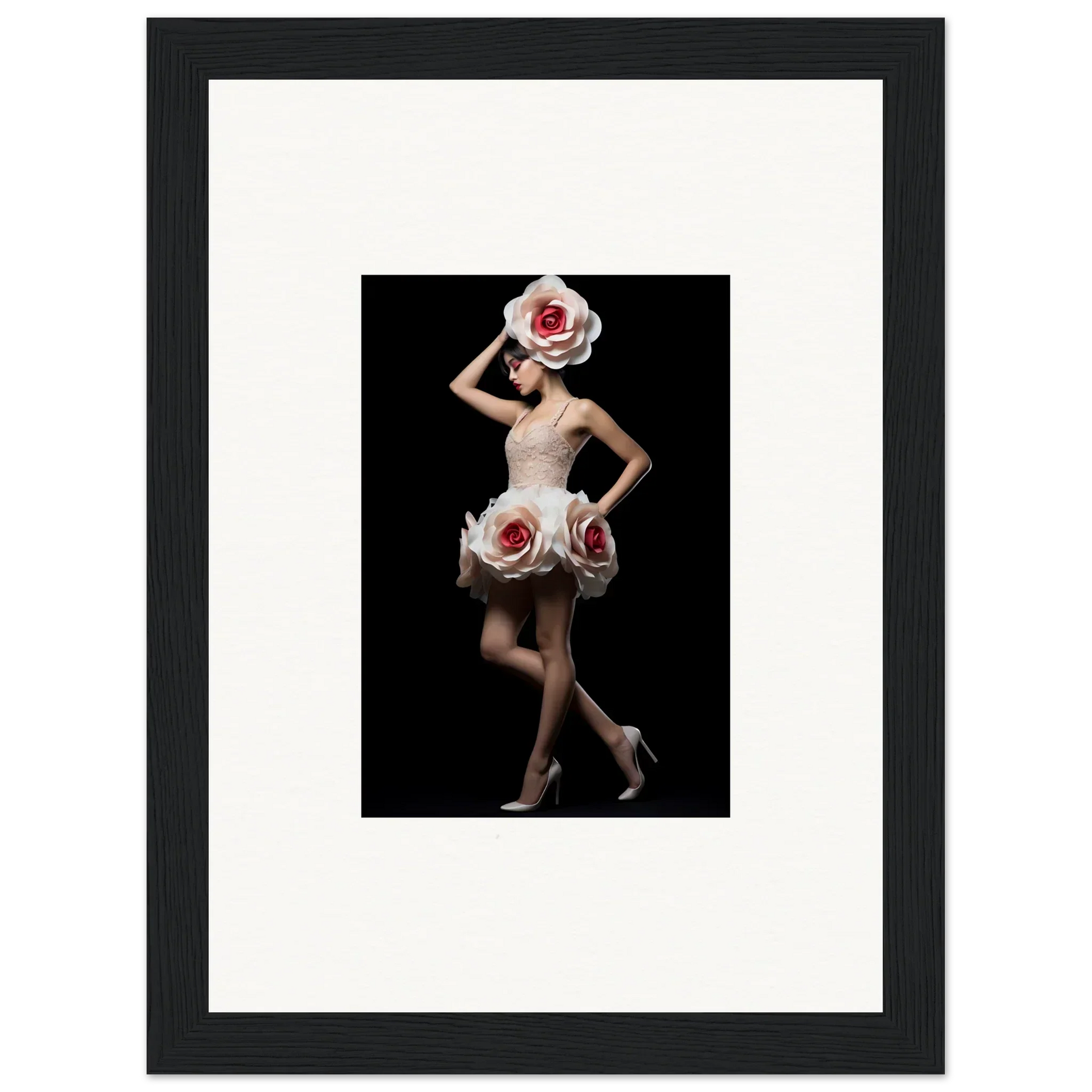 Elegantly posed dancer in oversized rose dress for Ebullient Chaos Womb wall art