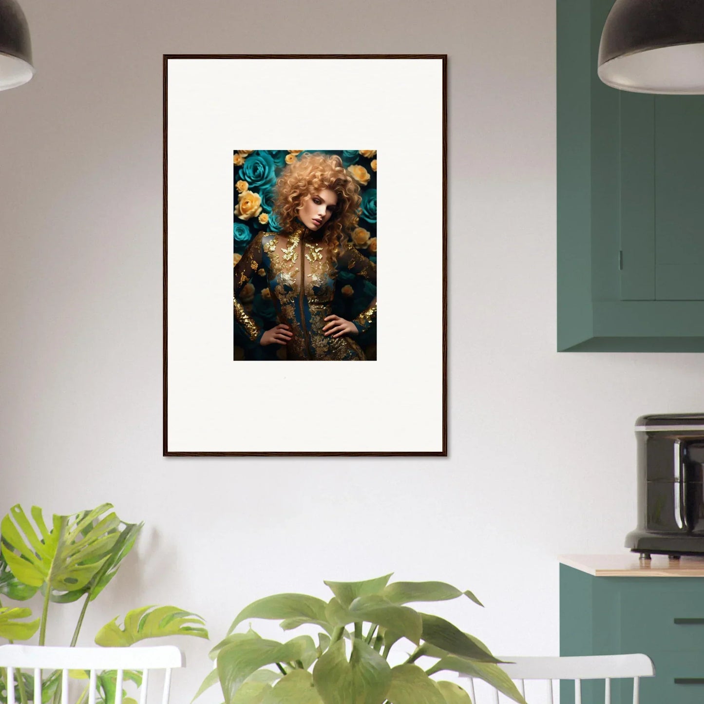 Framed portrait of a person with curly hair surrounded by flowers and foliage.