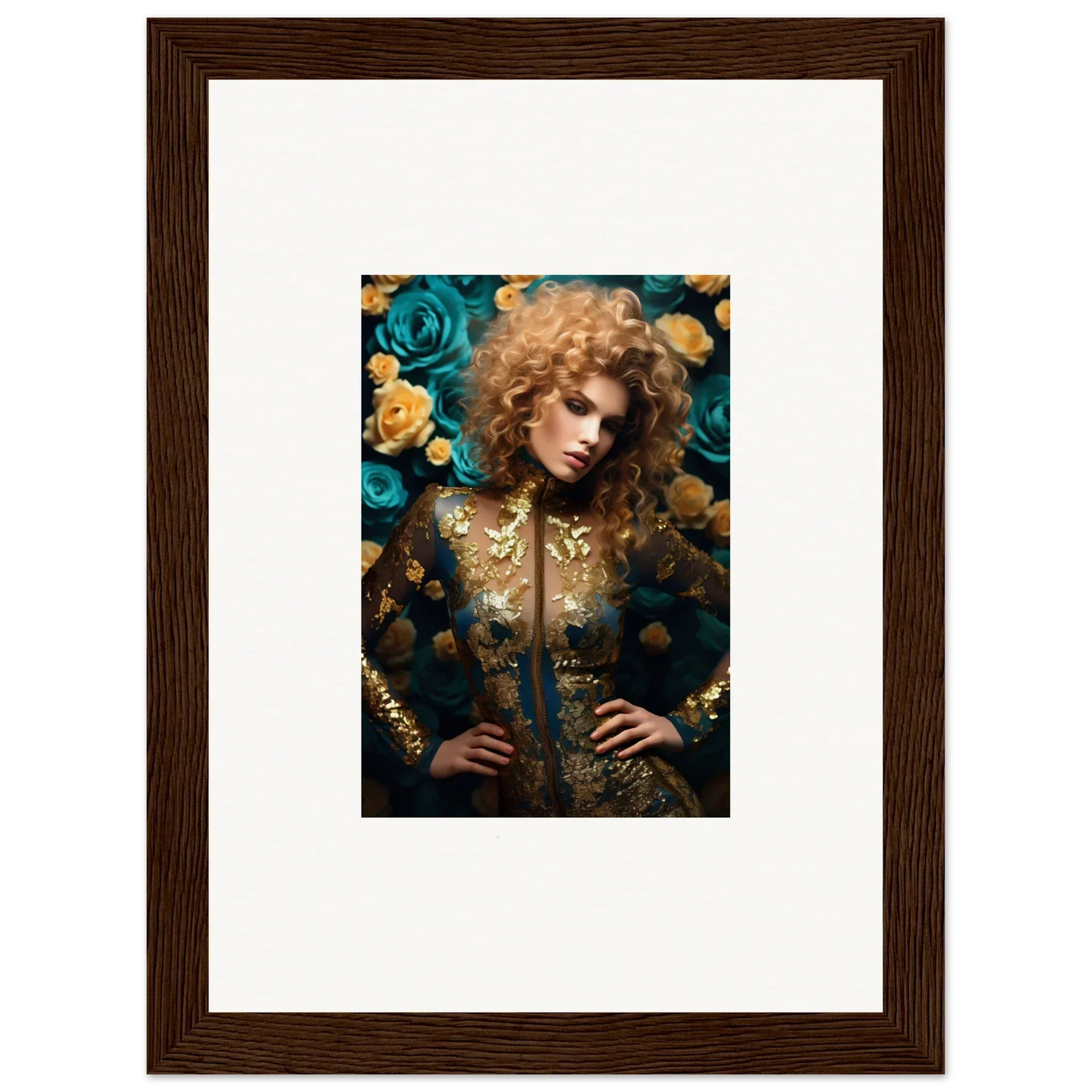 Framed portrait of a person with curly blonde hair surrounded by colorful flowers.