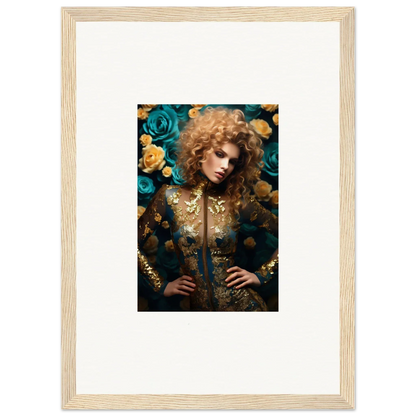 Framed portrait of a person with curly hair surrounded by colorful flowers.