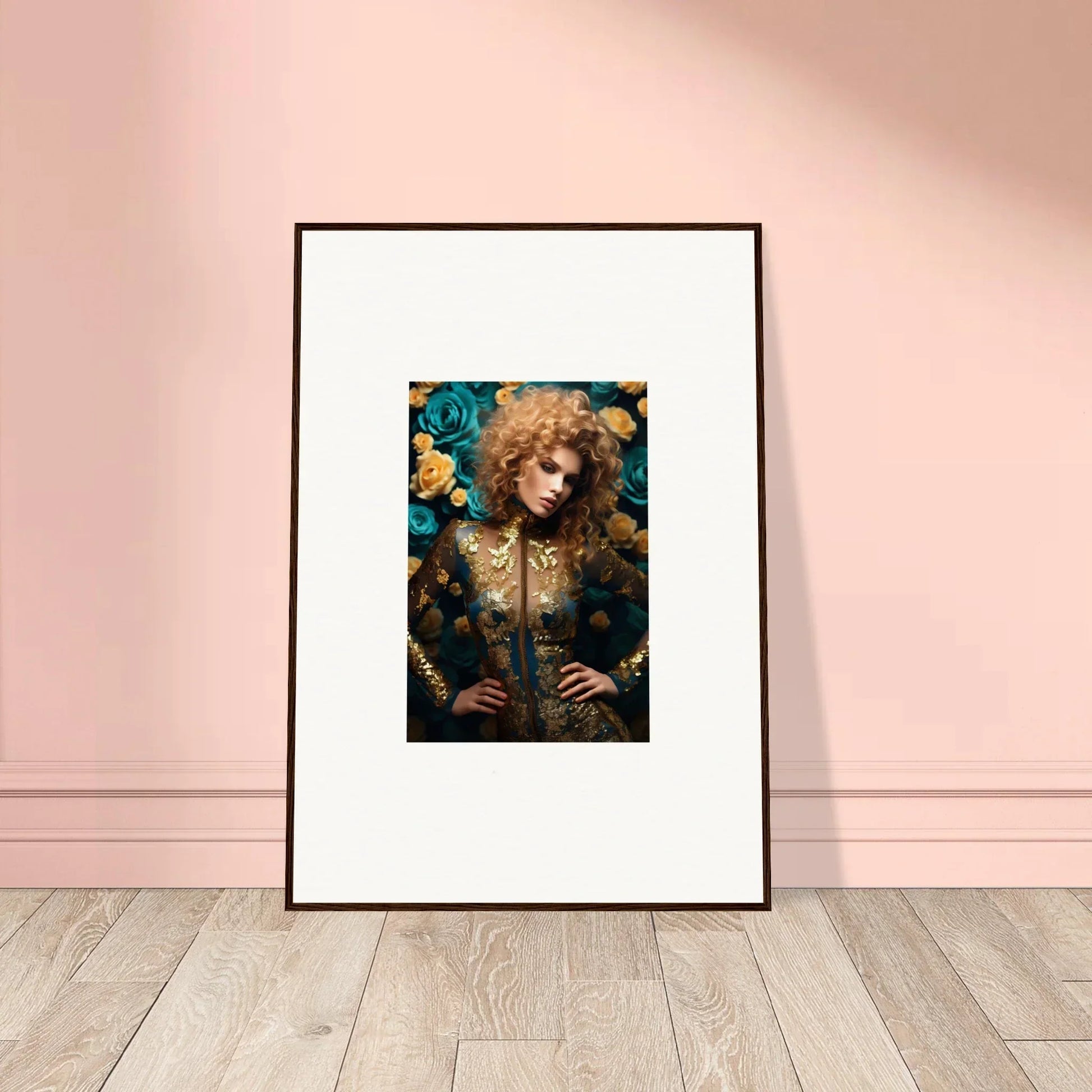 Framed portrait of a person with curly blonde hair surrounded by blue flowers.