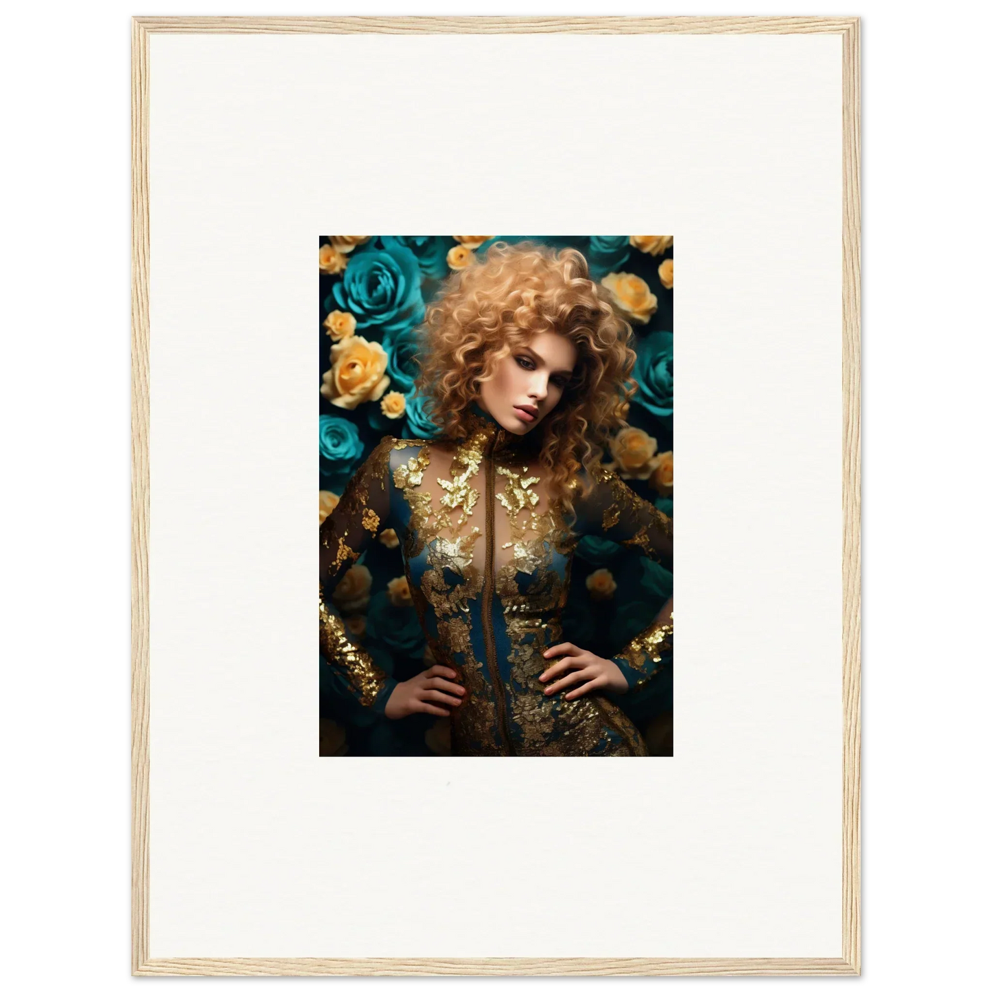 Framed portrait of a person with curly blonde hair surrounded by blue and yellow roses.