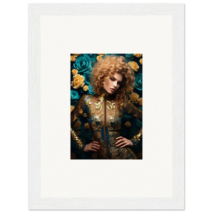 Framed portrait of a person with curly hair surrounded by teal and yellow roses.