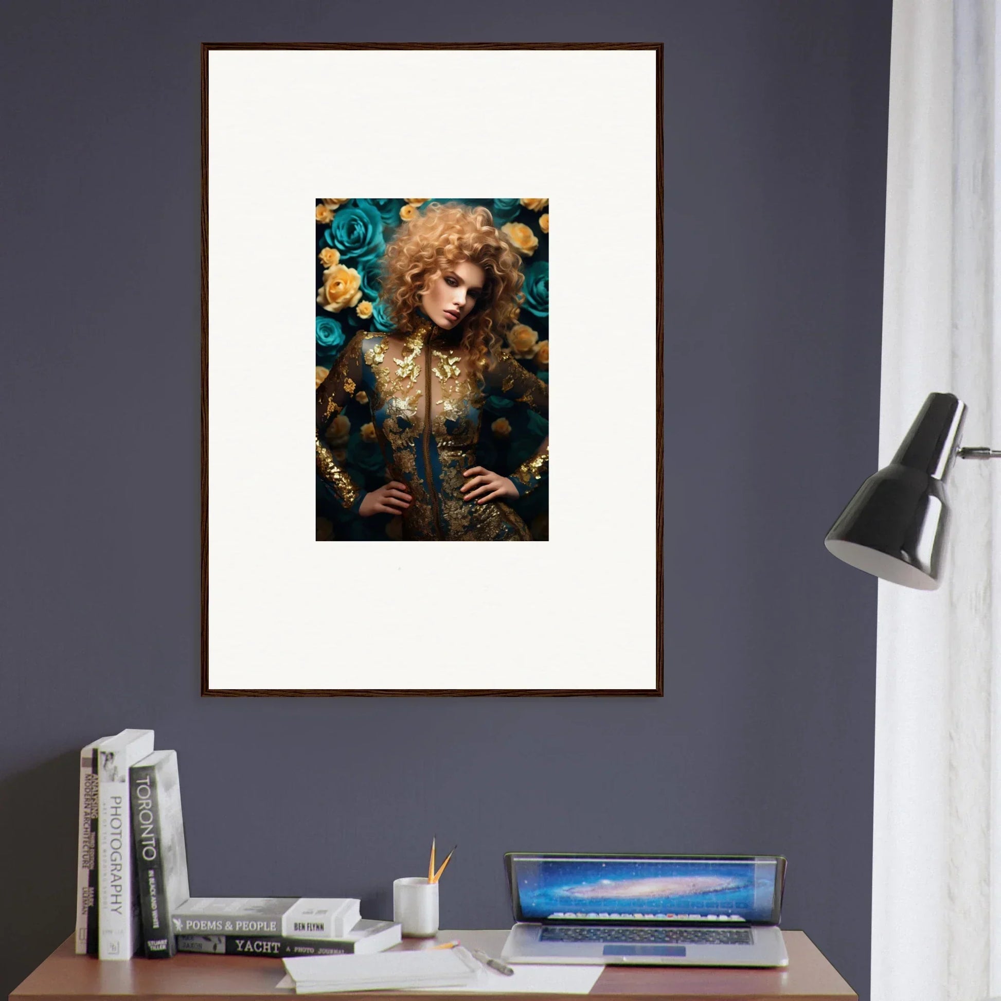 Framed portrait of a person with curly hair surrounded by flowers and foliage.