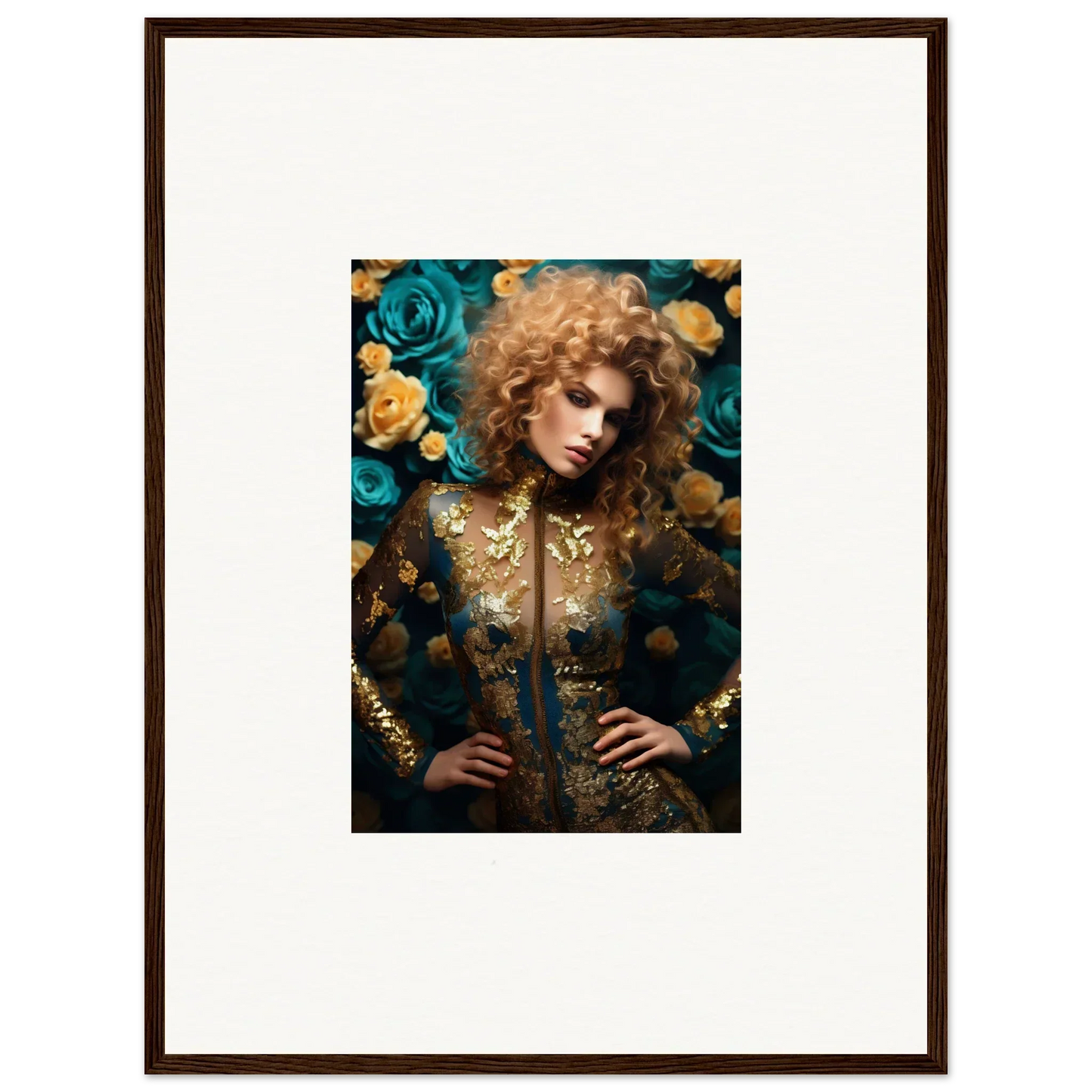 Framed portrait of a woman with curly blonde hair wearing an ornate gold outfit surrounded by blue and yellow roses.