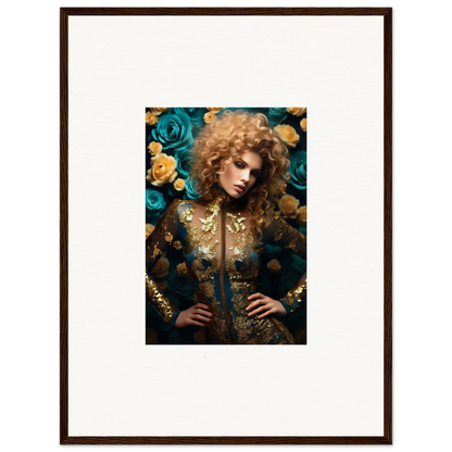 Framed portrait of a woman with curly blonde hair wearing an ornate gold outfit surrounded by blue and yellow roses.