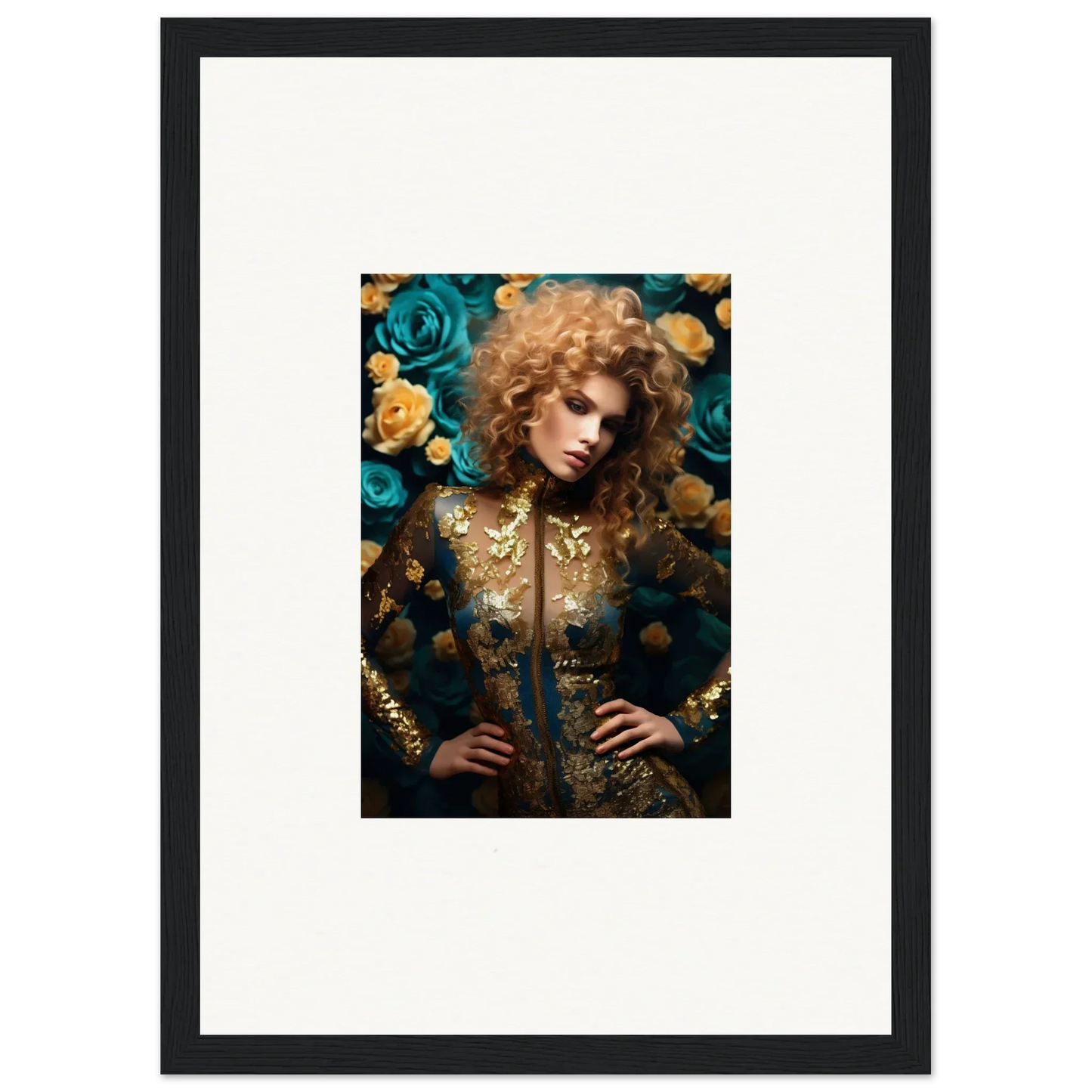 Framed portrait of a person with curly hair surrounded by teal and yellow roses.