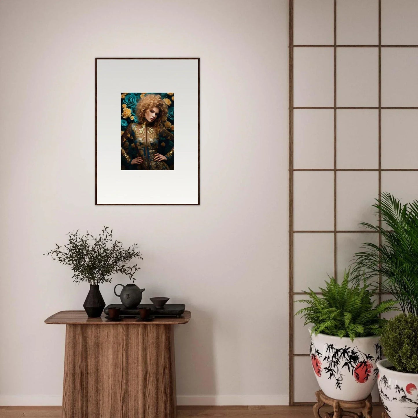 Framed artwork depicting a bear surrounded by colorful flowers and foliage.