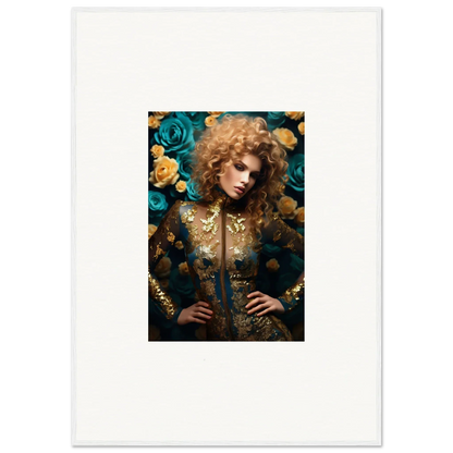 Portrait of a woman with curly hair wearing an ornate gold outfit, surrounded by teal and yellow roses.