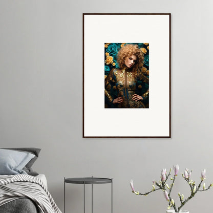 Framed portrait of a person with voluminous curly hair surrounded by floral elements.