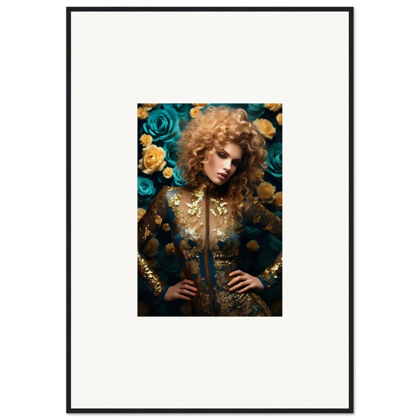 Portrait of a woman with curly hair surrounded by vibrant flowers and ornate gold details.