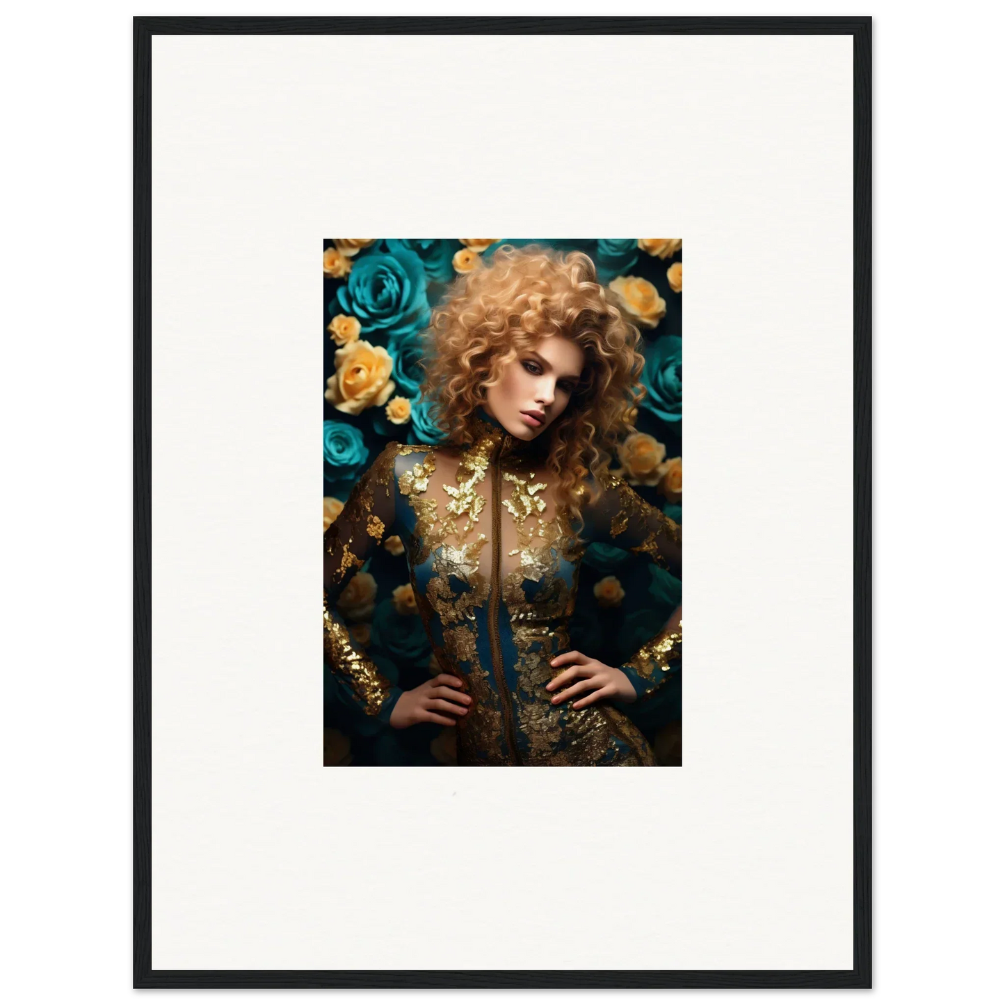 Portrait of a woman with curly blonde hair surrounded by teal and yellow roses.