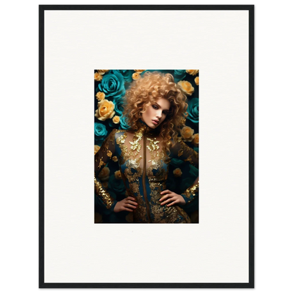 Portrait of a woman with curly blonde hair surrounded by teal and yellow roses.