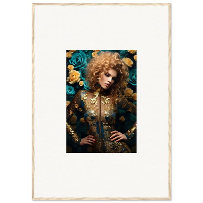 Portrait of a person with curly blonde hair surrounded by teal and yellow roses.