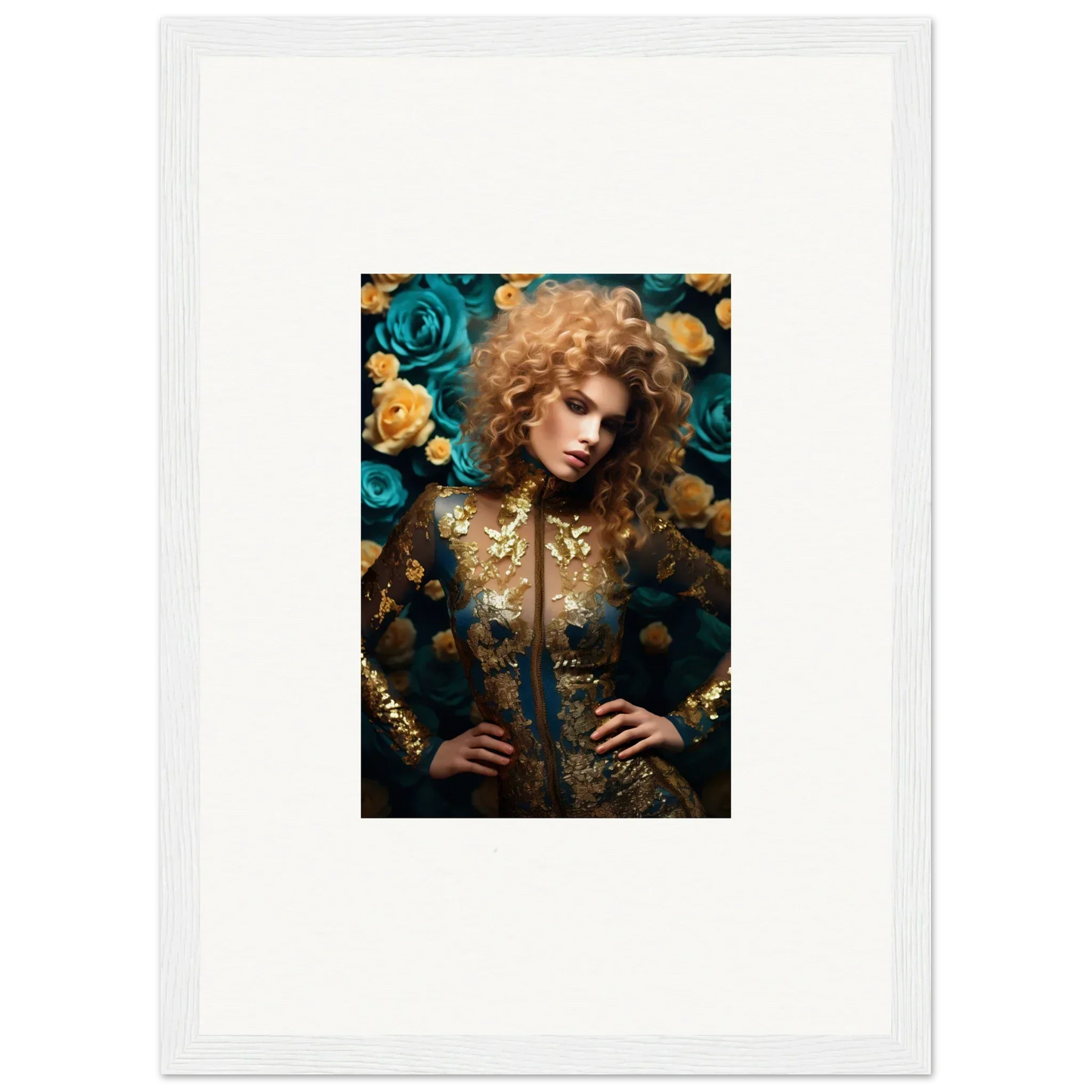 Framed portrait of a person with curly hair surrounded by blue and yellow roses.