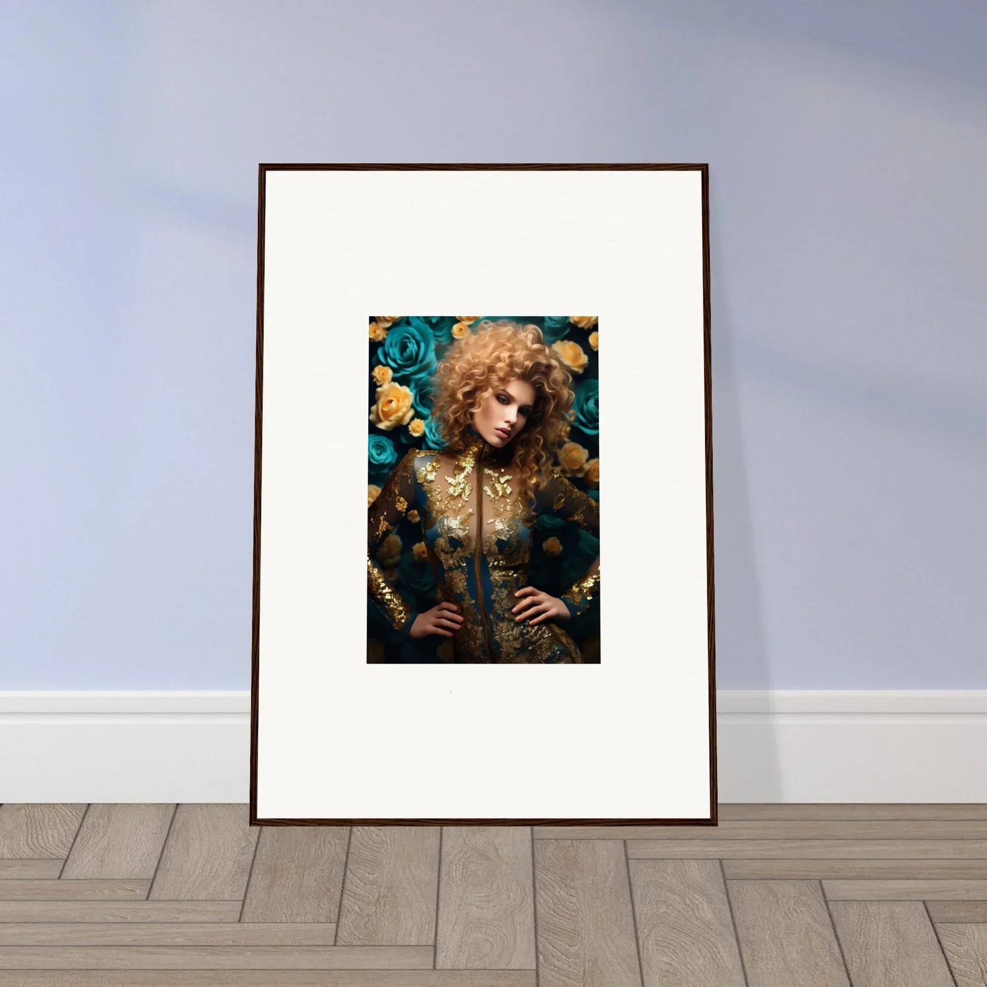 Framed portrait photograph of a person with voluminous curly blonde hair surrounded by blue roses.