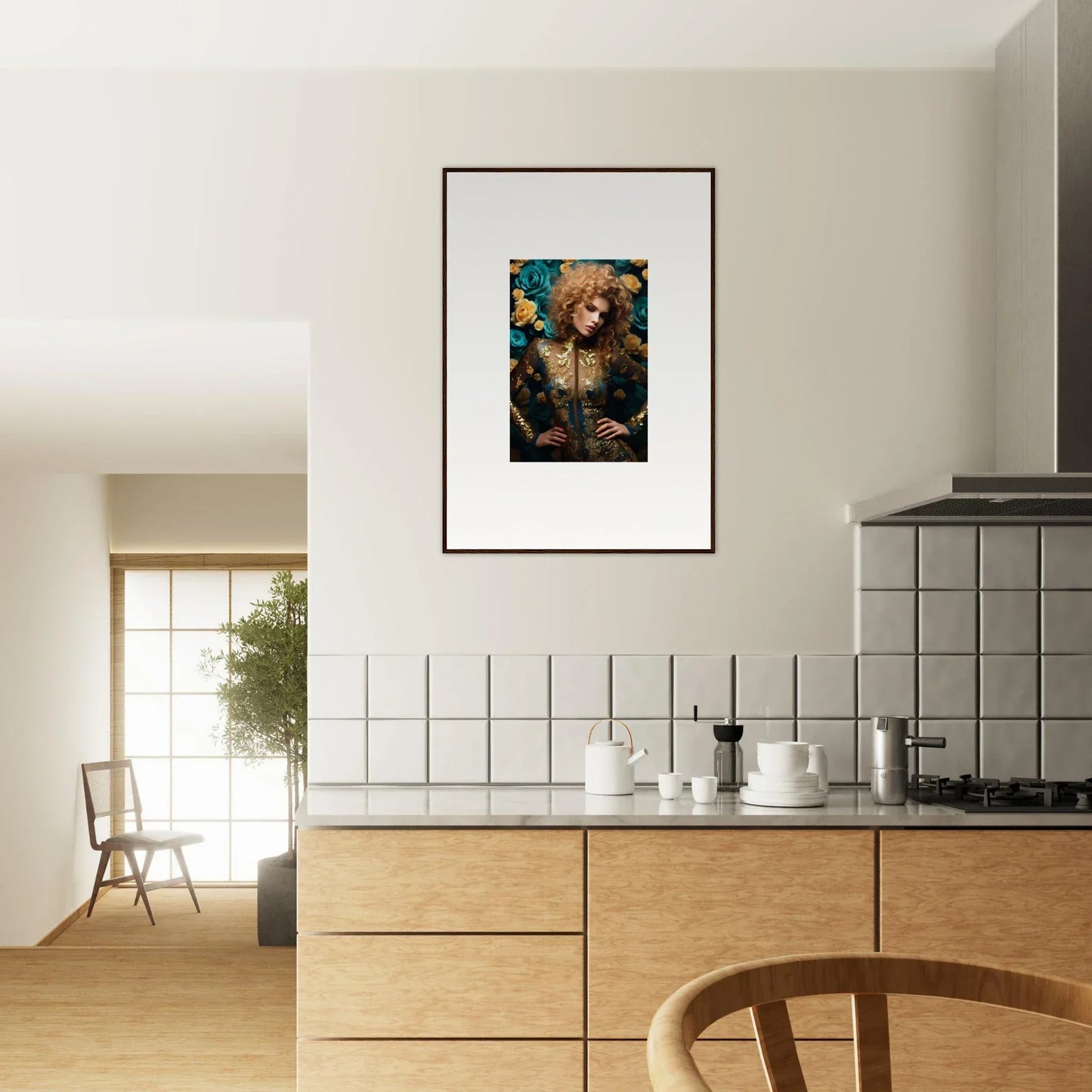 Framed artwork depicting a figure with curly hair surrounded by colorful elements.