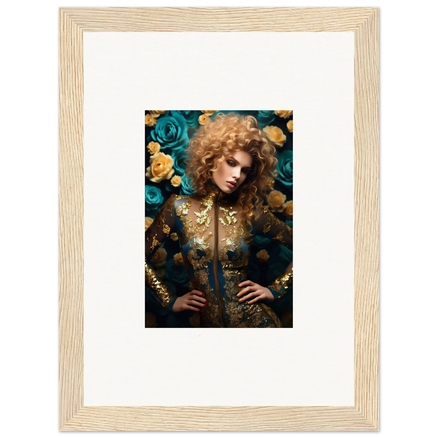 Framed portrait of a person with curly hair surrounded by floral elements and ornate details.