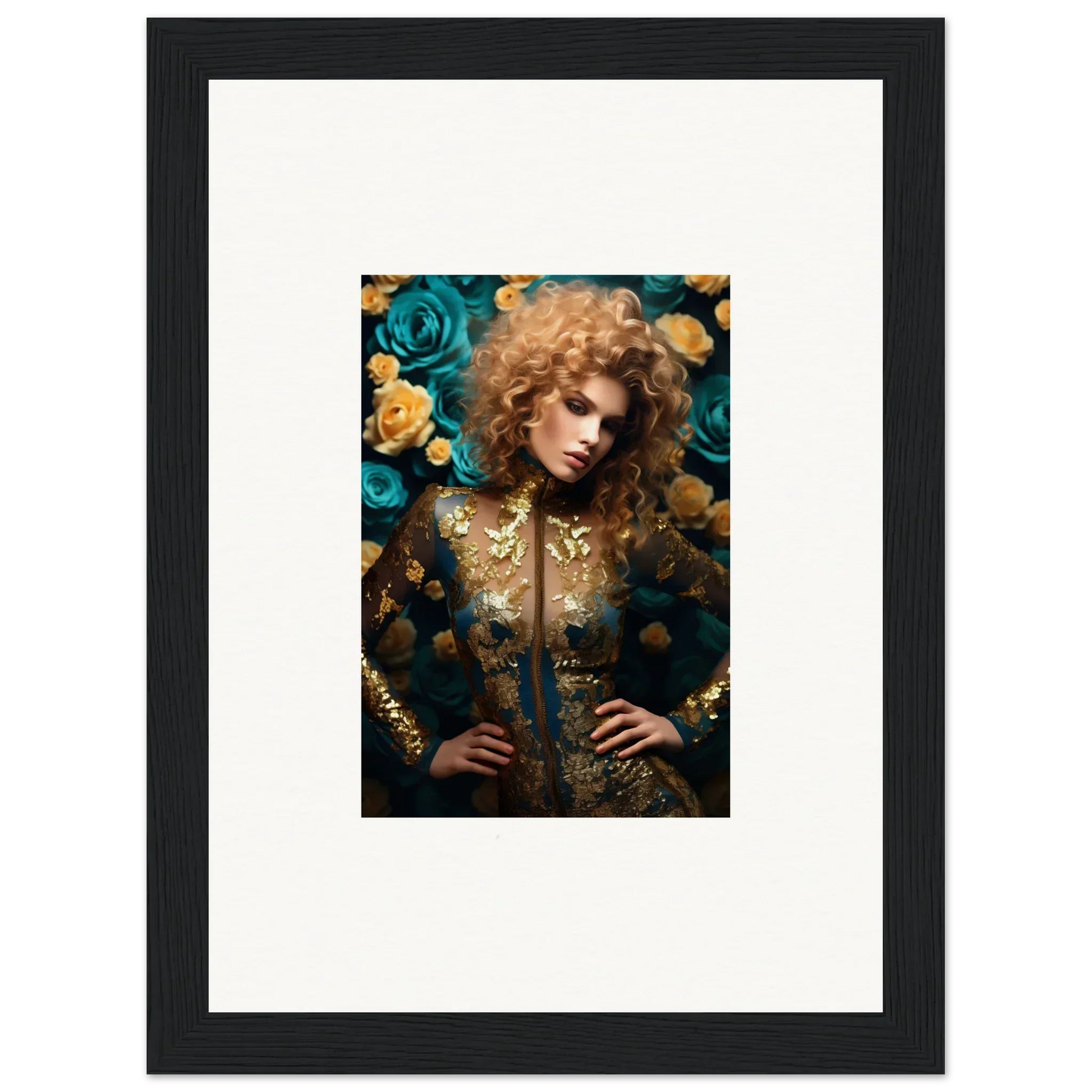 Framed portrait of a person with curly hair surrounded by teal and yellow flowers.