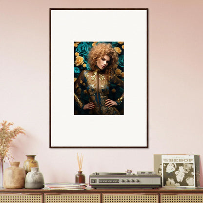 Framed portrait of a person with curly hair surrounded by blue and yellow flowers, wearing an ornate gold outfit.