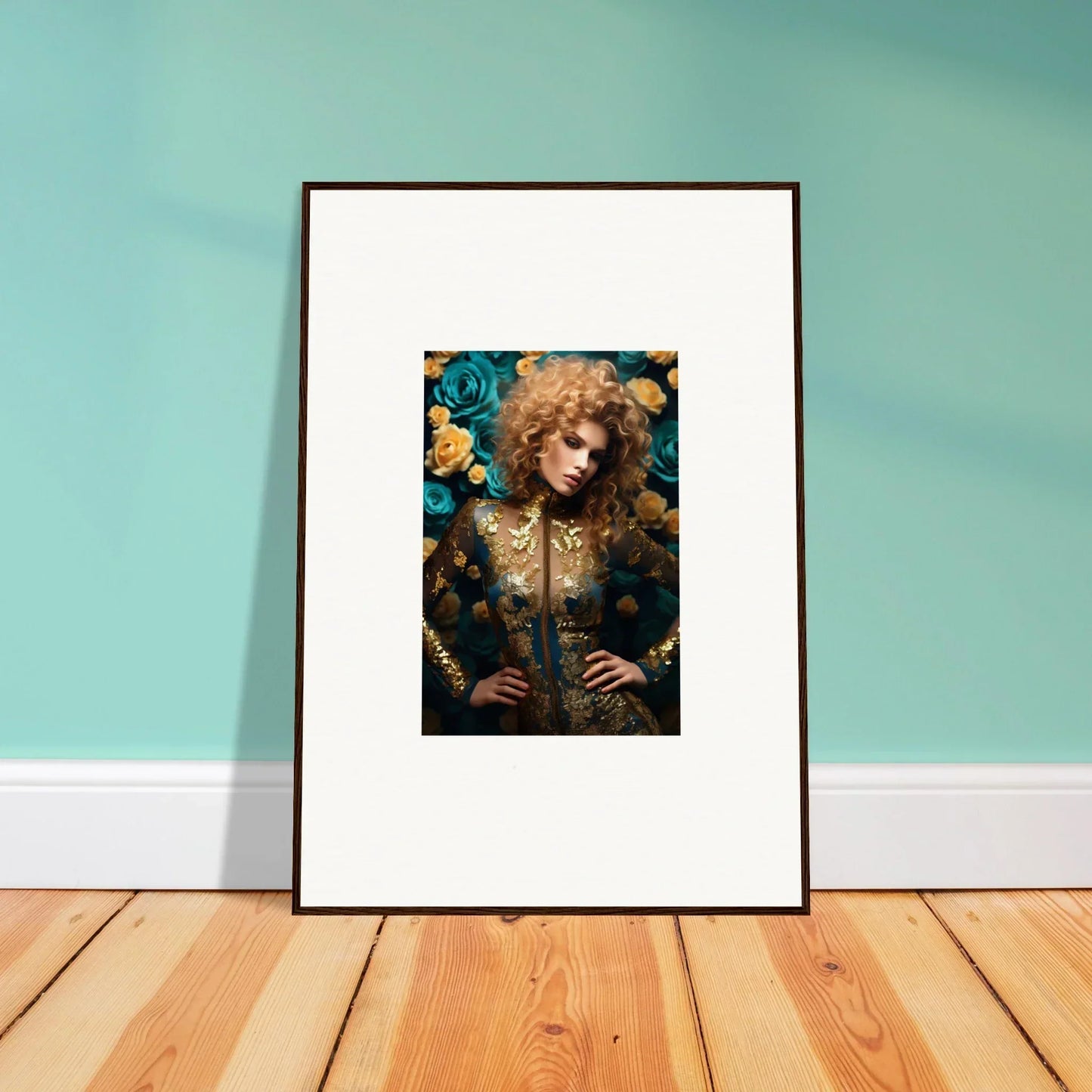 Framed portrait of a person with curly blonde hair surrounded by blue flowers.