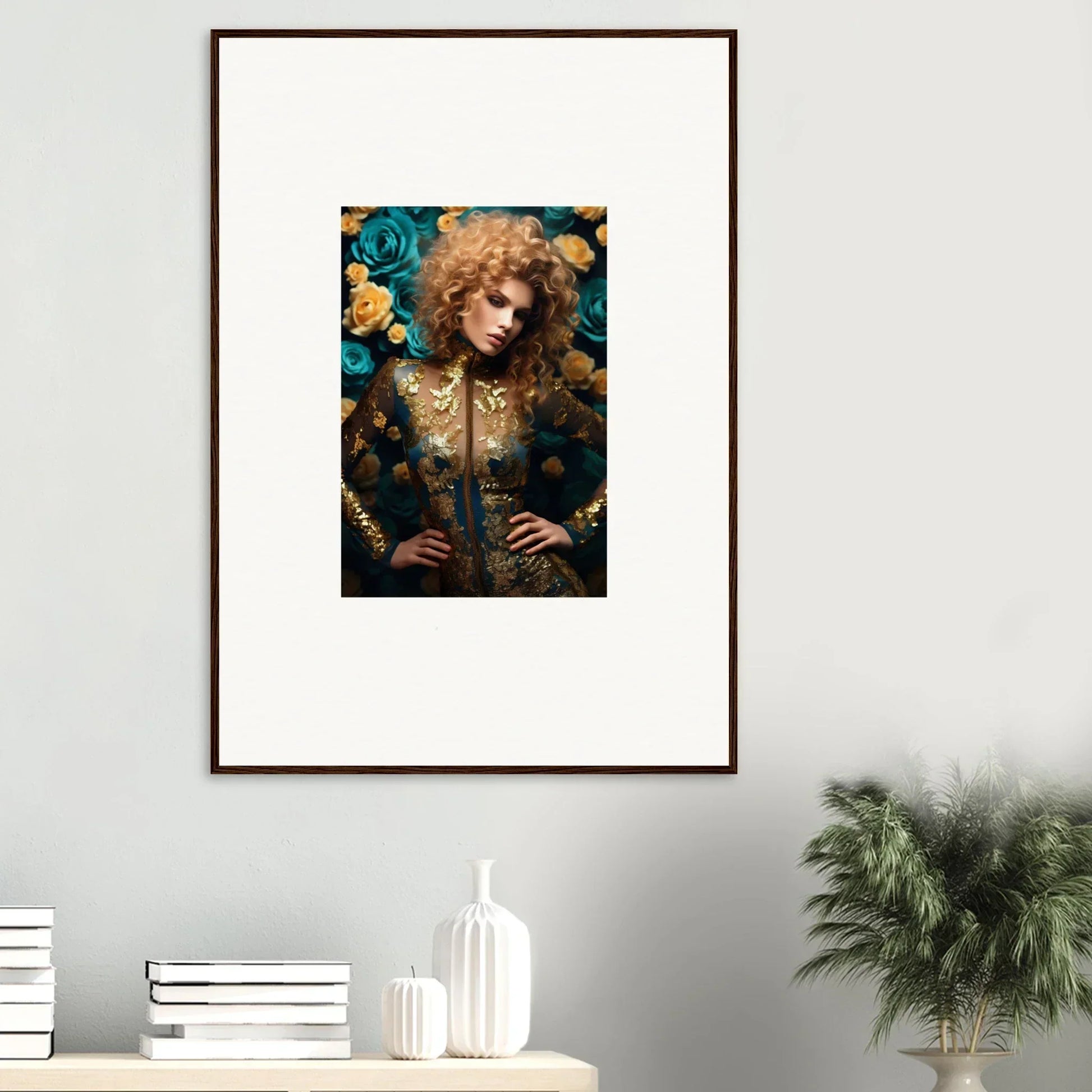 Framed portrait of a person with curly hair surrounded by vibrant flowers.