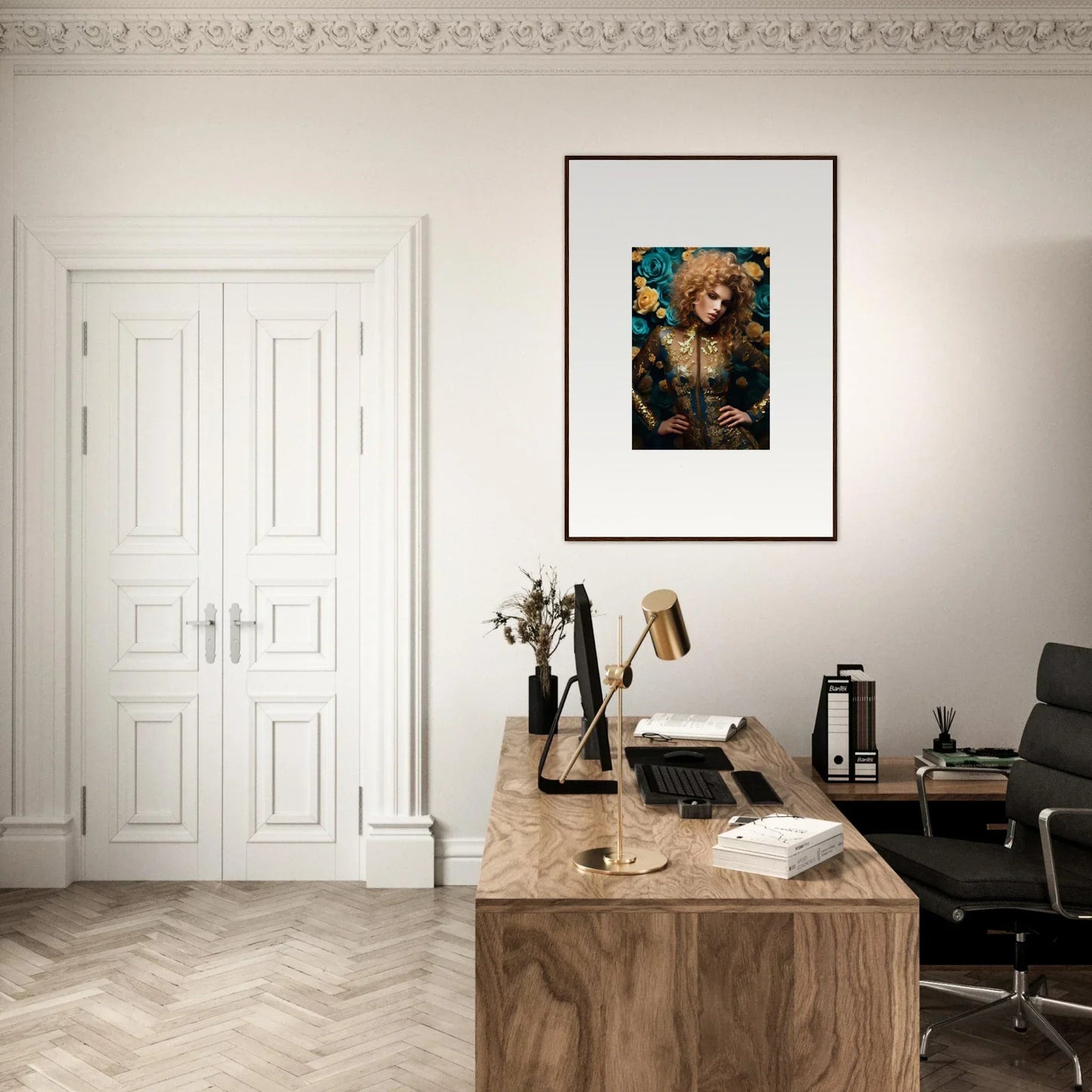 Elegant home office with a wooden desk, framed artwork, and ornate white double doors.