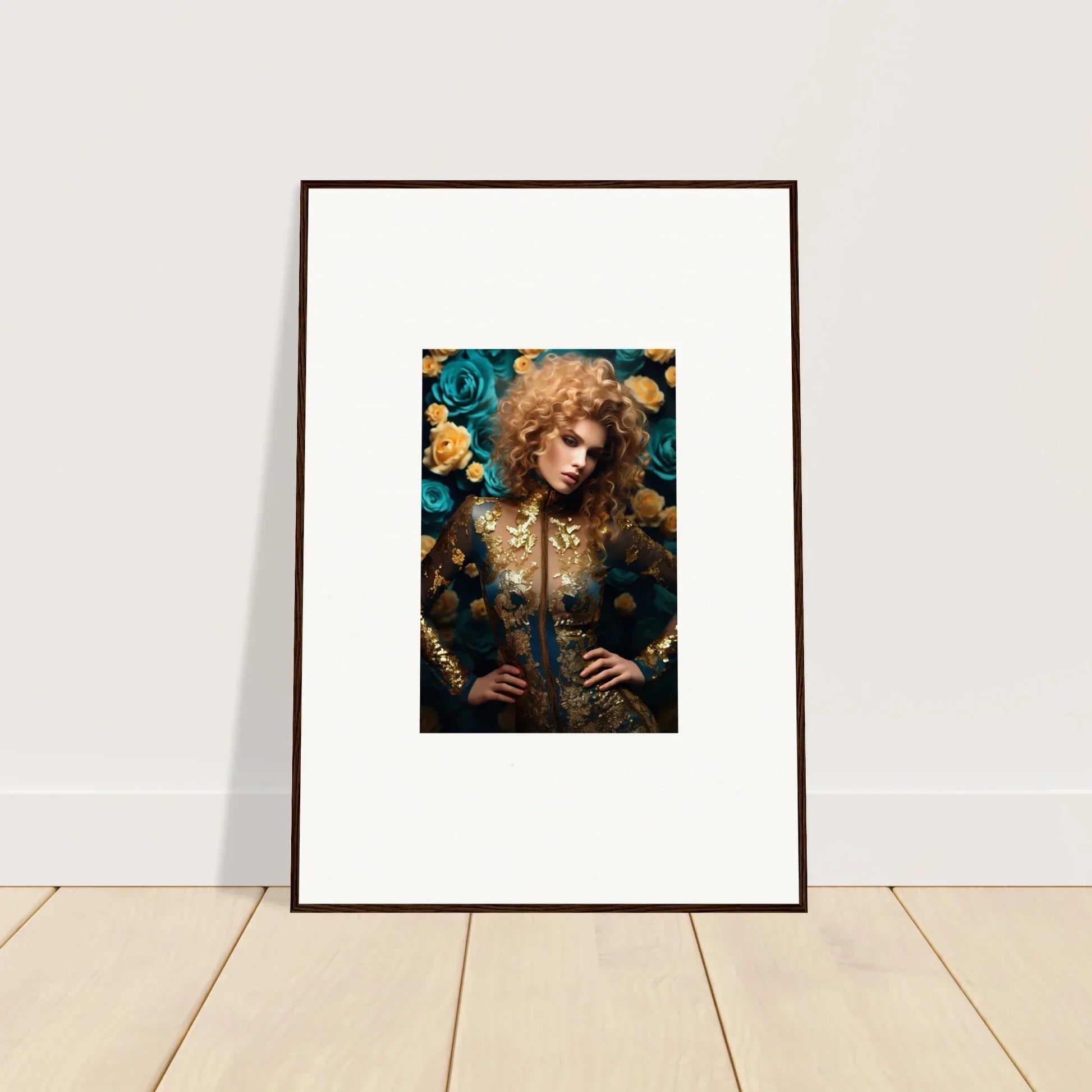 Framed portrait of a person with curly hair surrounded by blue flowers.