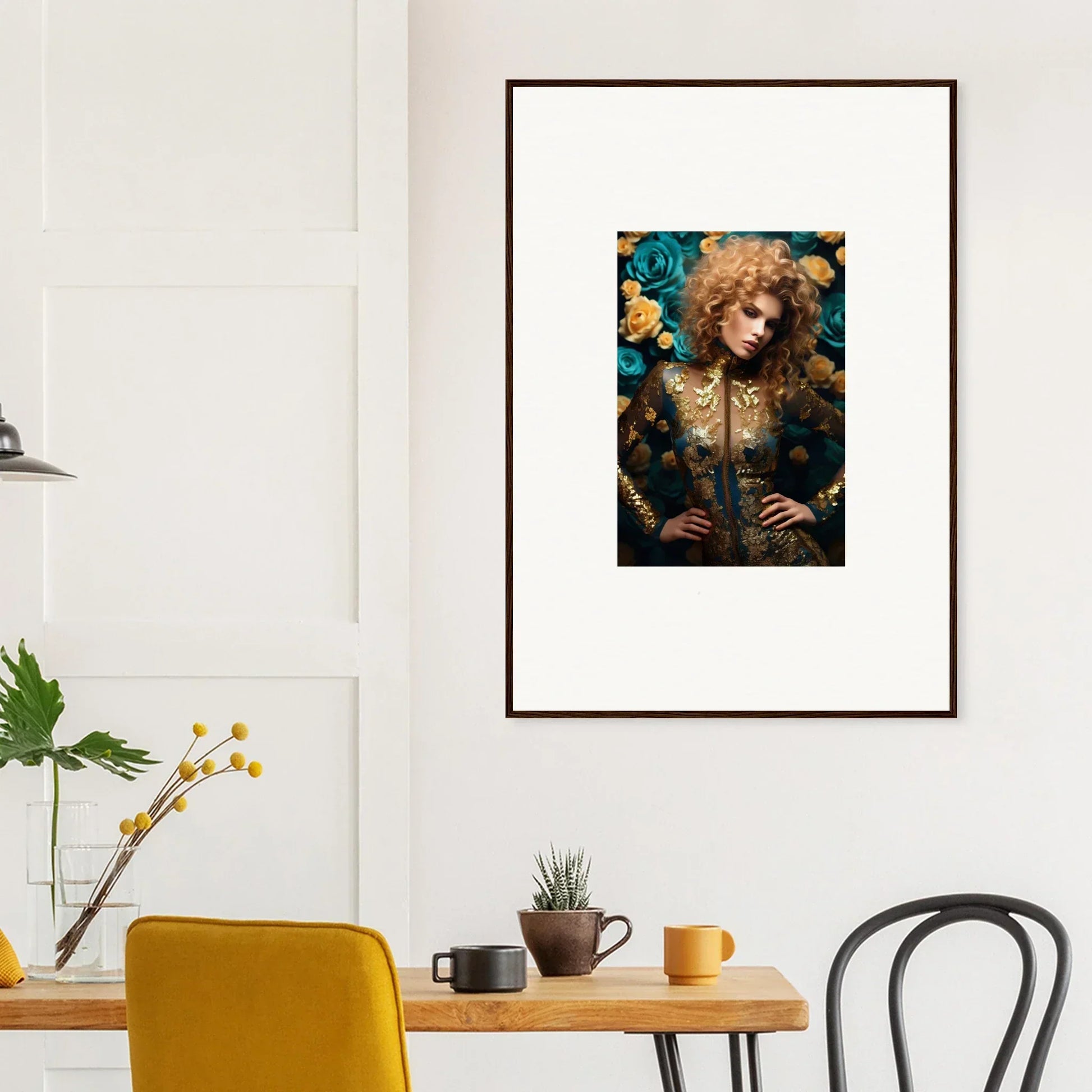 Framed portrait of a person with curly hair wearing ornate, golden clothing against a dark background.