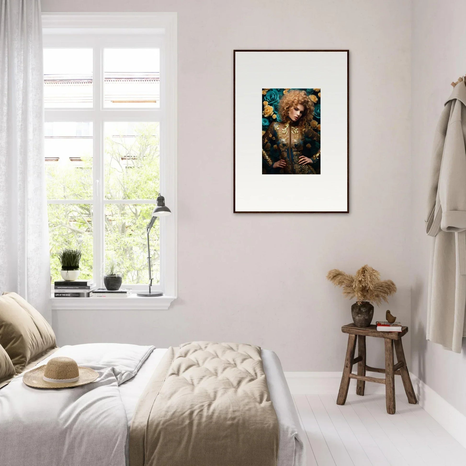 Framed artwork of a bear holding a lantern in a whimsical forest setting.