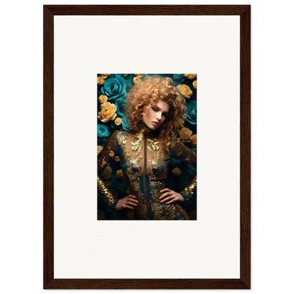 Framed portrait of a person with curly blonde hair surrounded by blue and yellow flowers.