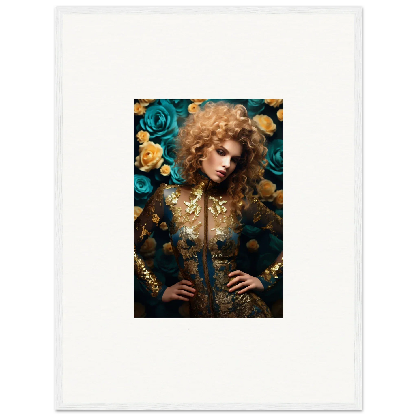 Portrait of a person with curly blonde hair wearing an ornate gold outfit surrounded by blue and yellow roses.