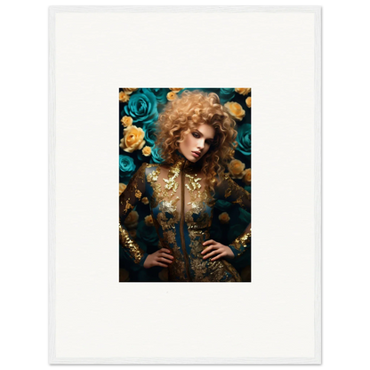 Portrait of a person with curly blonde hair wearing an ornate gold outfit surrounded by blue and yellow roses.